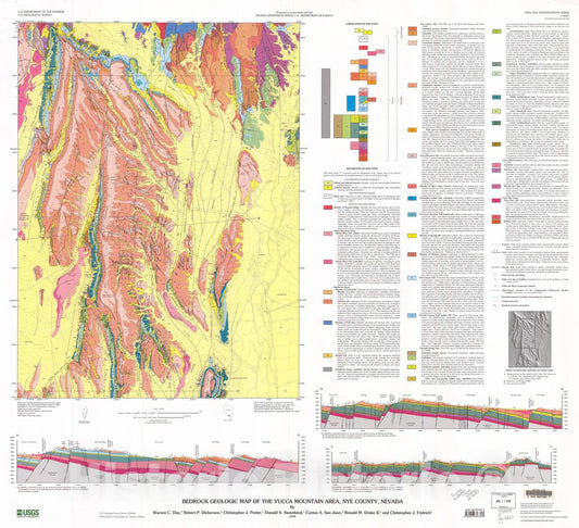Map : Bedrock geologic map of the Yucca Mountain area, Nye County, Nevada, 1998 Cartography Wall Art :