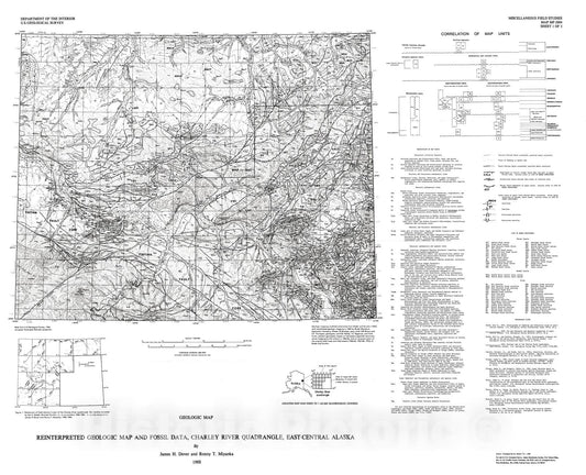 Map : Reinterpreted geologic map and fossil data, Charley River quadrangle, east-central Alaska, 1988 Cartography Wall Art :