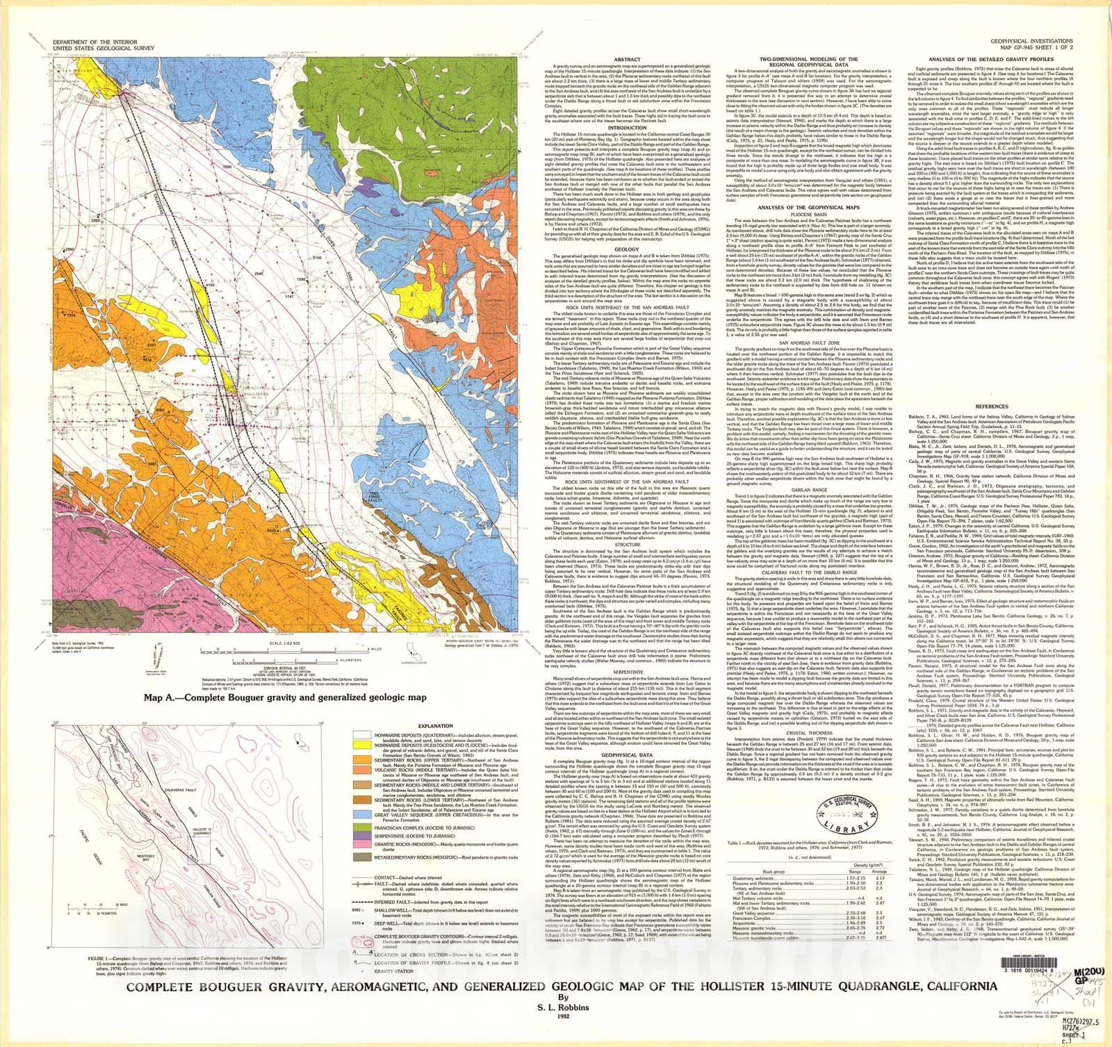 Map : Complete Bouguer gravity, aeromagnetic, and generalized geologic map of the Hollister 15-minute quadrangle, California, 1982 Cartography Wall Art :