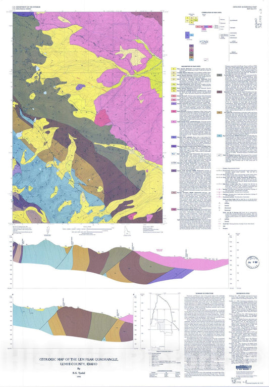 Map : Geologic map of the Lem Peak quadrangle, Lemhi County, Idaho, 1996 Cartography Wall Art :