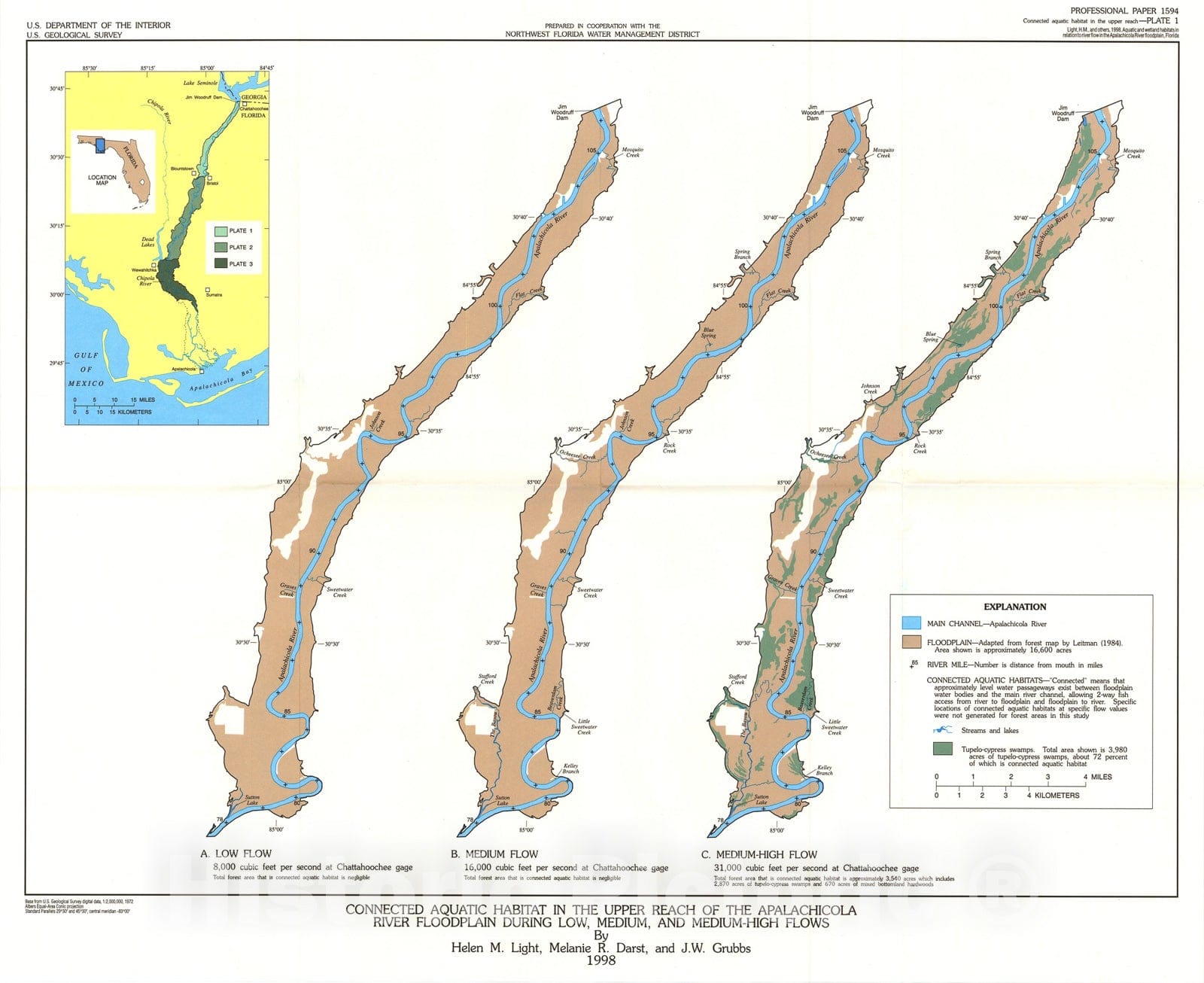 Map : Aquatic habitats in relation to river flow in the Apalachicola River flood plain, Florida, 1998 Cartography Wall Art :