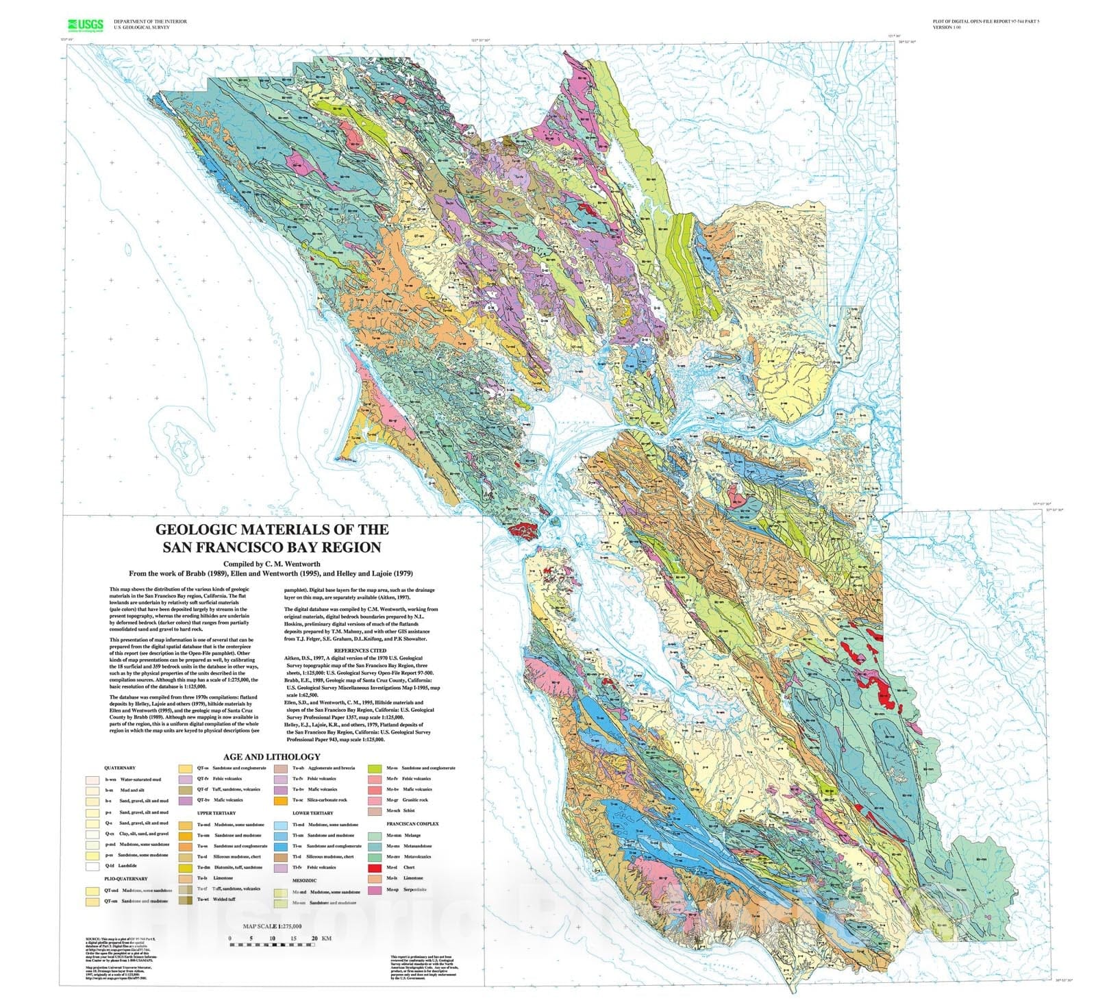Map : General distribution of geologic materials in the San Francisco Bay region, California: a digital map database, 1997 Cartography Wall Art :