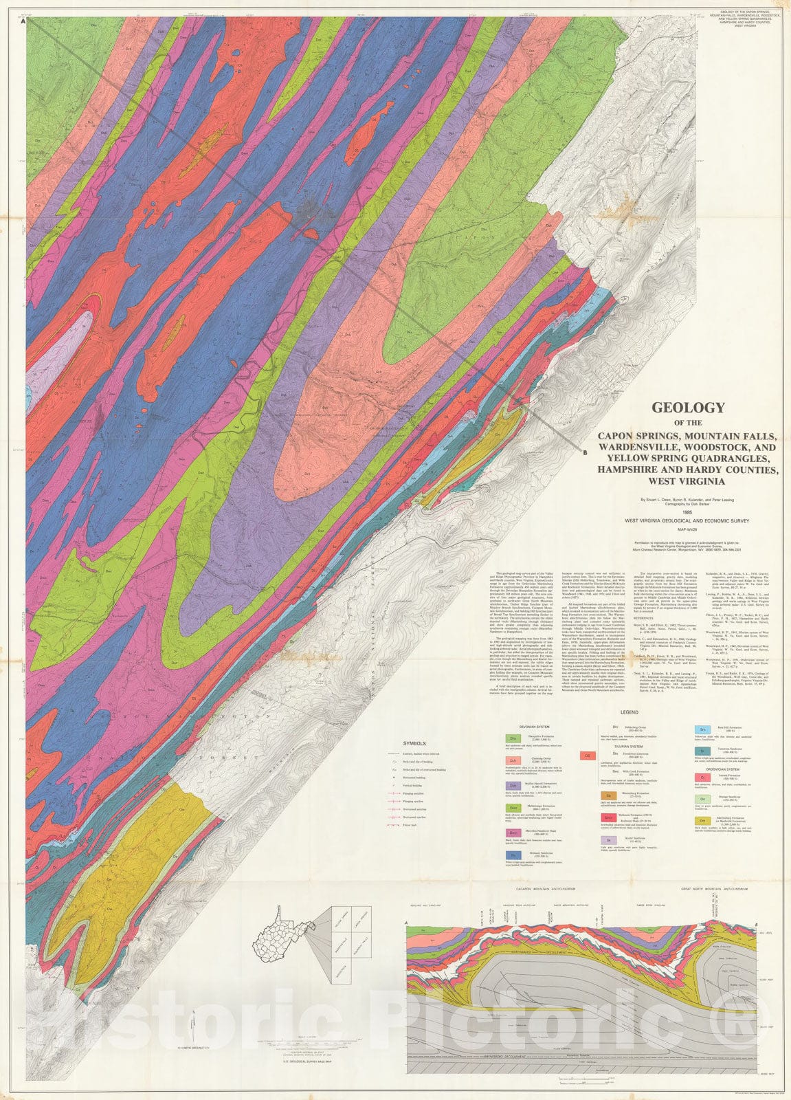 Map : Geology of the Capon Springs, Mountain Falls, Wardensville, Woodstock, and Yellow Spring quadrangles, Hampshire and Hardy Counties, West Virginia, 1985 Cartography Wall Art :