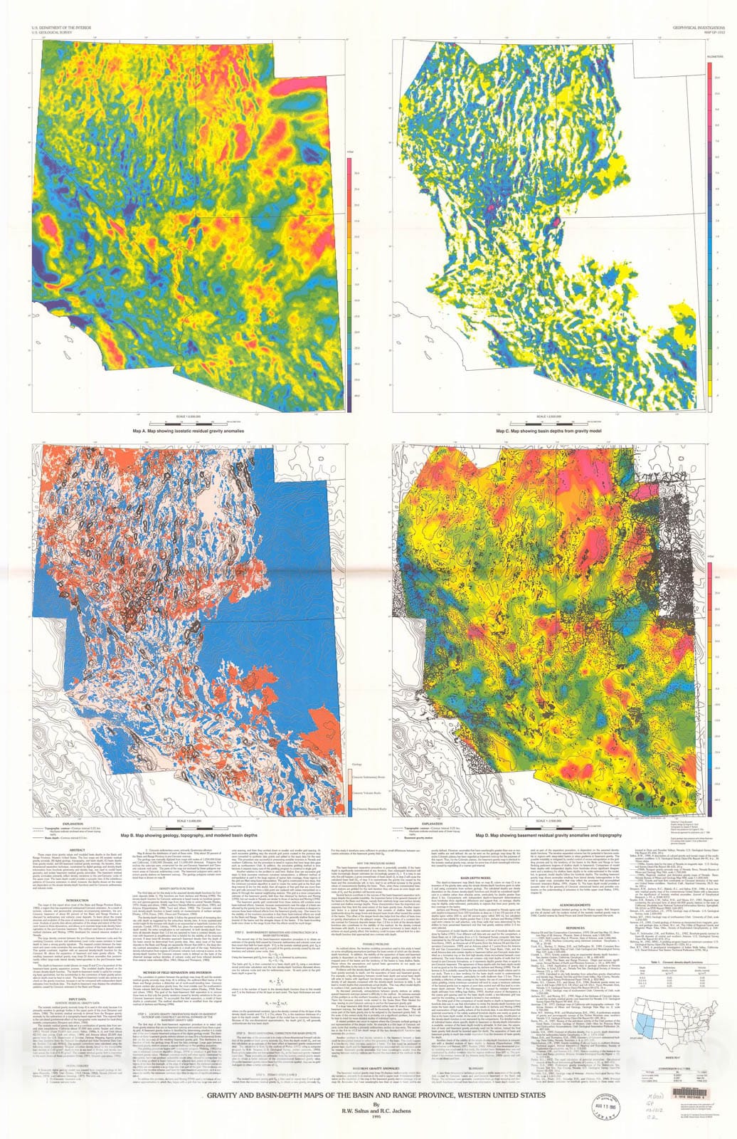Map : Gravity and basin-depth maps of the Basin and Range Province, western United States, 1995 Cartography Wall Art :
