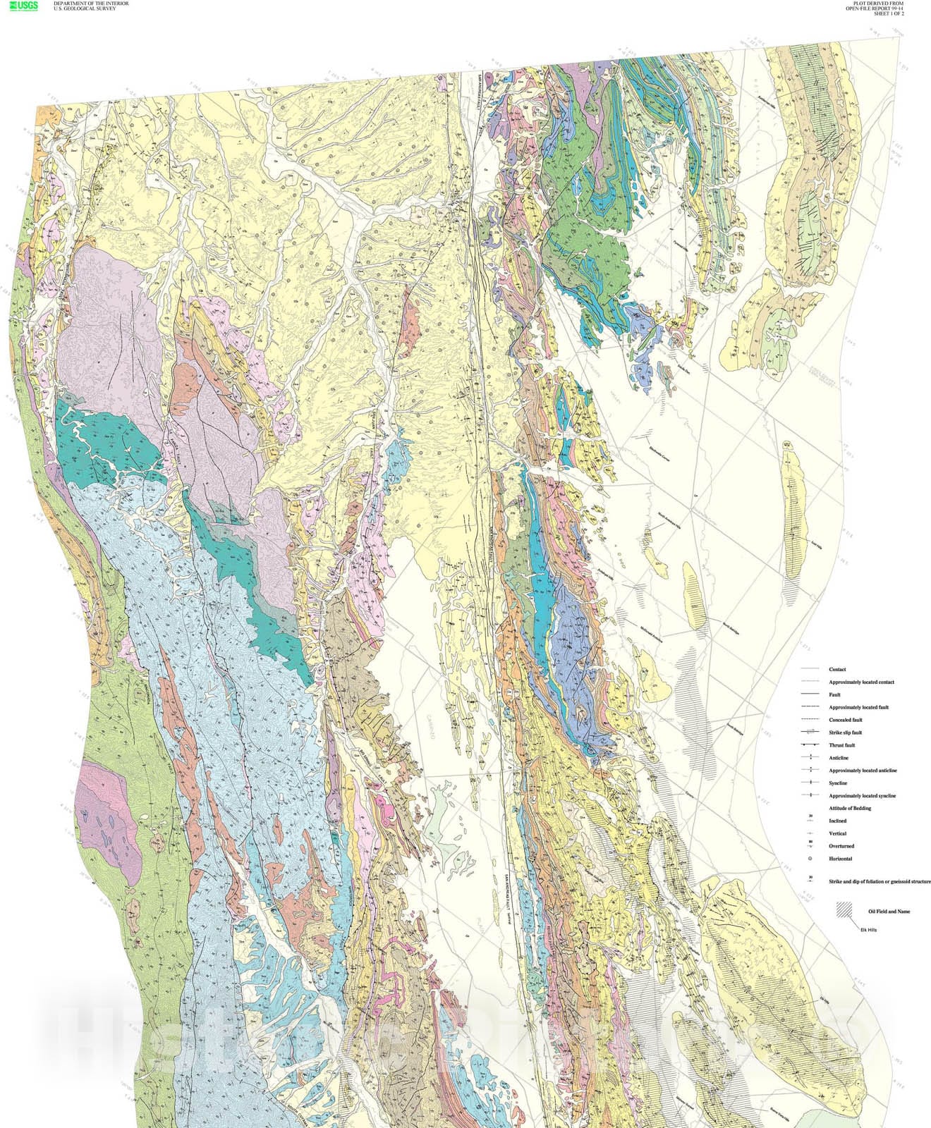 Map : Regional geologic map of San Andreas and related faults in Carrizo Plain, Temblor, Caliente and La Panza Ranges and vicinity, Cali, 1999 Cartography Wall Art :