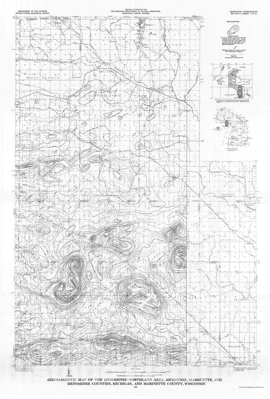 Map : Aeromagnetic map of the Menominee - Northland area, Dickinson, Marquette, and Menominee Counties, Michigan, and Marinette County, Wisconsin, 1970 Cartography Wall Art :