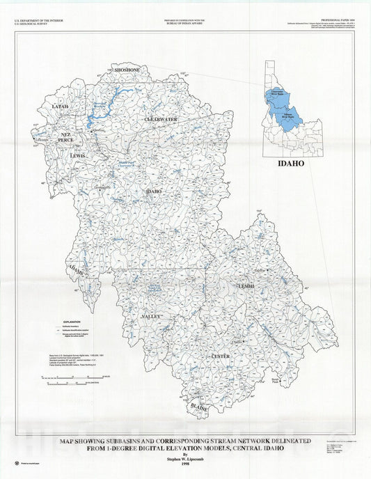 Map : Hydrologic classification and estimation of basin and hydrologic characteristics of subbasins in central Idaho, 1998 Cartography Wall Art :