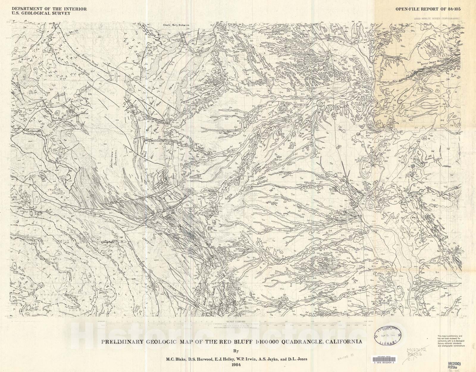 Map : Preliminary geologic map of the Red Bluff 1:100,000 quadrangle, California, 1984 Cartography Wall Art :
