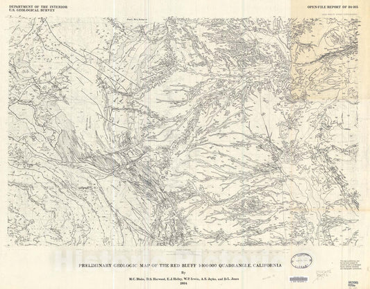 Map : Preliminary geologic map of the Red Bluff 1:100,000 quadrangle, California, 1984 Cartography Wall Art :