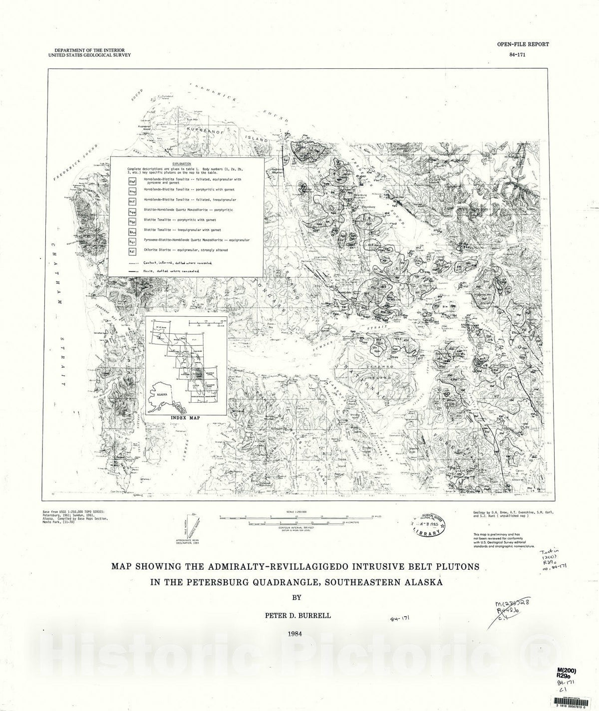 Map : Map and table describing the Admirality - Revillagigedo intrusive belt plutons in the Petersburg 1:250,000 quadrangle, southeastern Alaska, 1984 Cartography Wall Art :