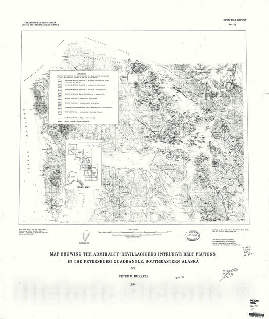 Map : Map and table describing the Admirality - Revillagigedo intrusive belt plutons in the Petersburg 1:250,000 quadrangle, southeastern Alaska, 1984 Cartography Wall Art :