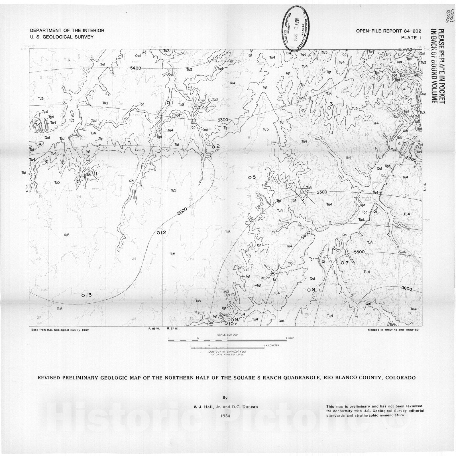 Map : Revised preliminary geologic map of the northern half of the Square S Ranch quadrangle, Rio Blanco County, Colorado, 1984 Cartography Wall Art :