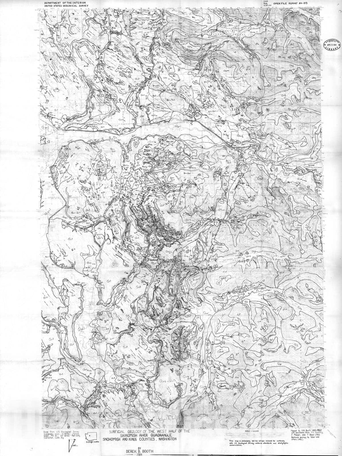 Map : Surficial geology of the west half of the Skykomish River quadrangle, Snohomish and King Counties, Washington, 1984 Cartography Wall Art :