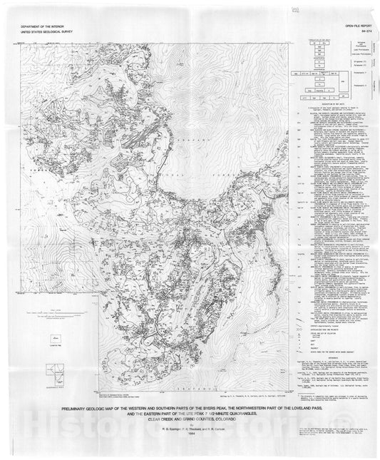 Map : Preliminary geologic map of the western and southern parts of the Byers Peak, the northwestern part of the Loveland Pass, 1984 Cartography Wall Art :