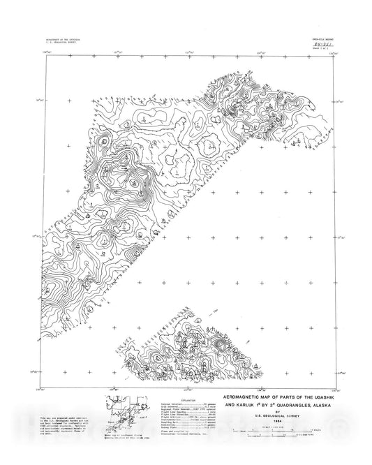 Map : Aeromagnetic map of parts of the Ugashik and Karluk one degree by two degree quadrangles, Alaska, one984 Cartography Wall Art :