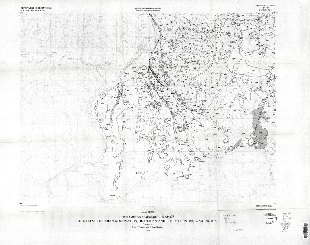 Map : Preliminary geologic map of the Colville Indian Reservation, Ferry and Okanogan Counties, Washington, 1984 Cartography Wall Art :