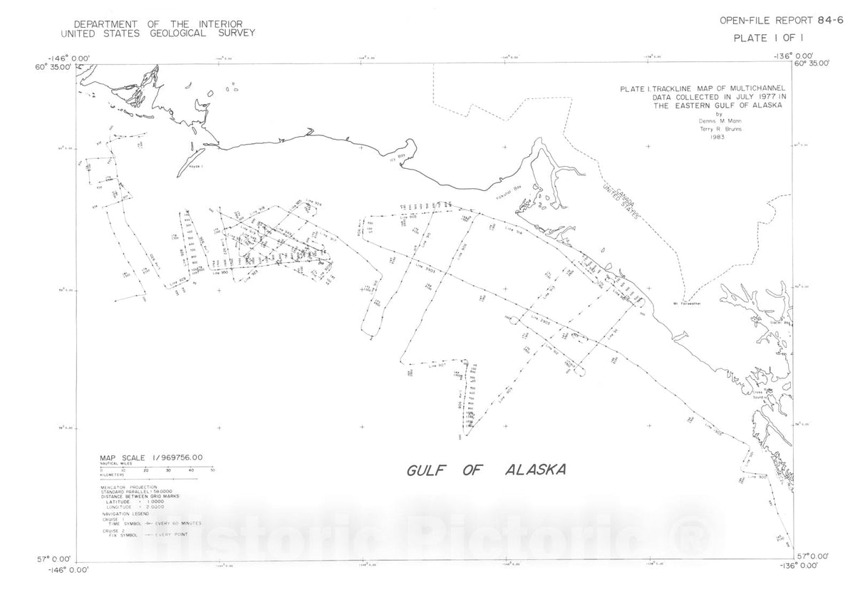 Map : Multichannel seismic-reflection profiles collected in 1977 in the eastern Gulf of Alaska, 1984 Cartography Wall Art :