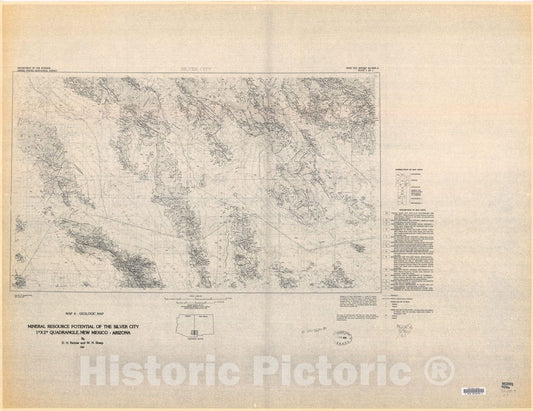 Map : Mineral resource potential of the Silver City one degree X two degree quadrangle, New Mexico - Arizona, map A - geologic map, one984 Cartography Wall Art :