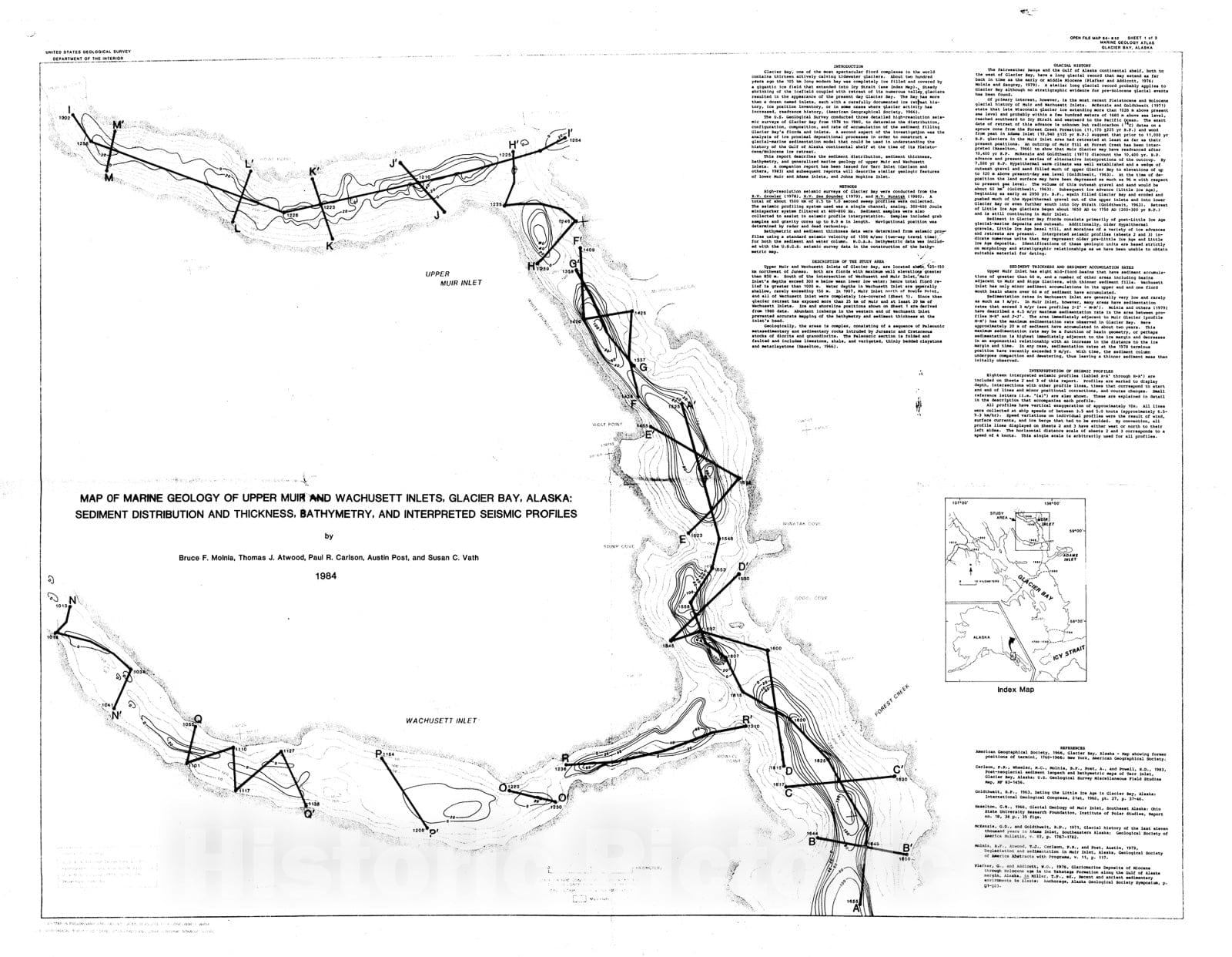 Map : Map of marine geology of Upper Muir and Wachusett Inlets, Glacier Bay, Alaska: sediment distribution and thickness, bathymetry,, 1984 Cartography Wall Art :