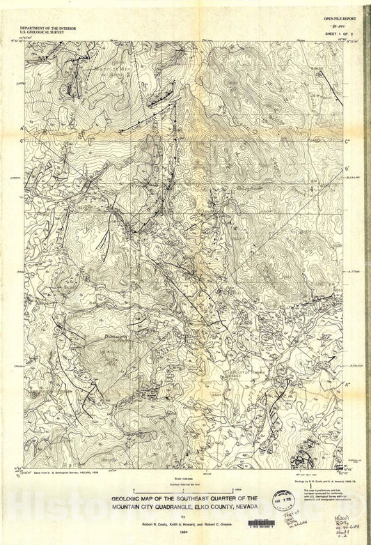 Map : Geologic map of the southeast quarter of the Mountain City quadrangle, Elko County, Nevada, 1984 Cartography Wall Art :