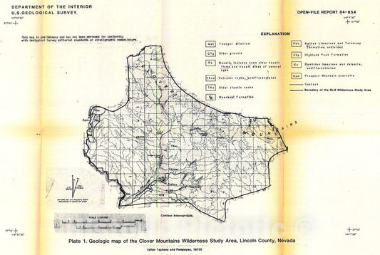 Map : Reconnaissance geochemical assessment of the Clover Mountains, Bureau of Land Management Wilderness Study Area (NV-050-139), Lincoln County, Nevada, 1984 Cartography Wall Art :