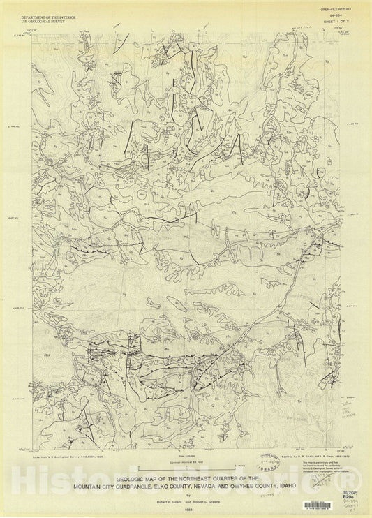 Map : Geologic map of the northeast quarter of the Mountain City quadrangle, Elko County, Nevada and Owyhee County, Idaho, 1984 Cartography Wall Art :