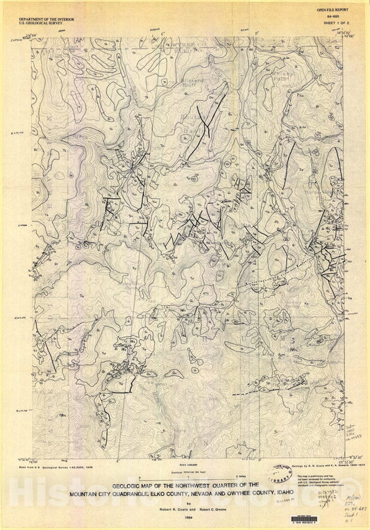 Map : Geologic map of the northwest quarter of the Mountain City quadrangle, Elko County, Nevada and Owyhee County, Idaho, 1984 Cartography Wall Art :
