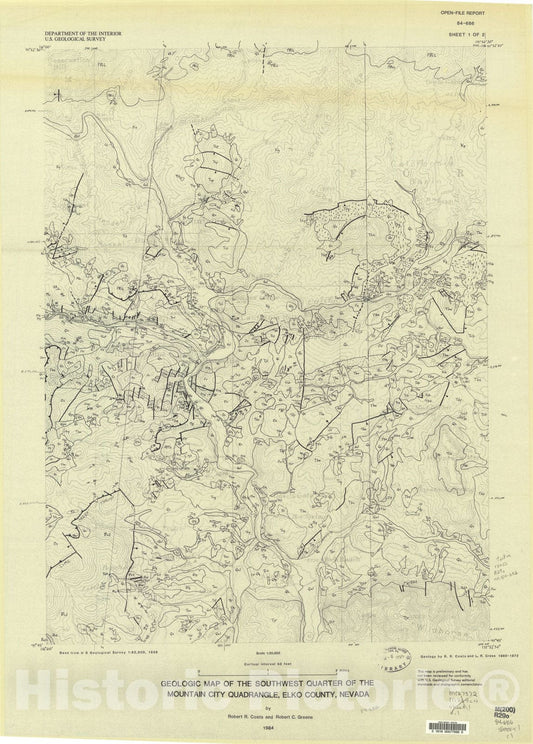 Map : Geologic map of the southwest quarter of the Mountain City quadrangle, Elko County, Nevada, 1984 Cartography Wall Art :
