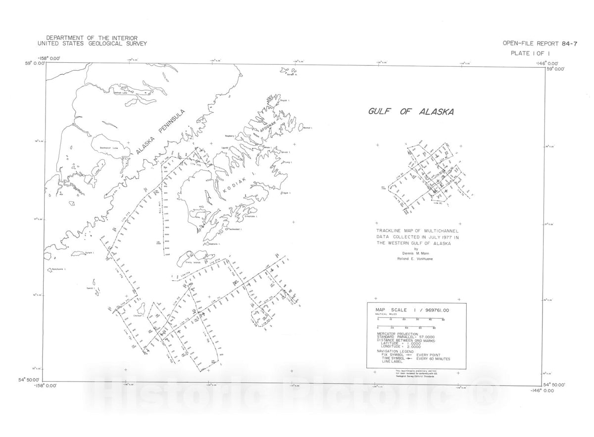 Map : Multichannel seismic-reflection profiles collected in 1977 in the western Gulf of Alaska, 1984 Cartography Wall Art :