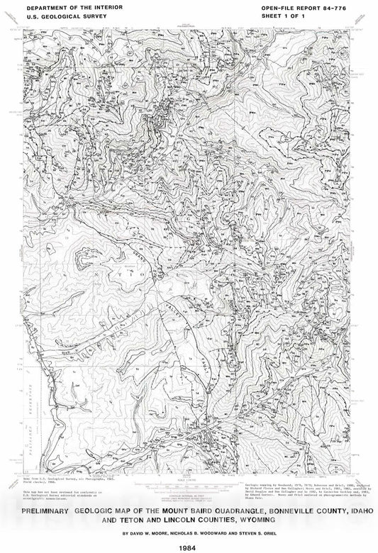 Map : Preliminary geologic map of the Mount Baird quadrangle, Bonneville County, Idaho, and Teton and Lincoln Counties, Wyoming, 1984 Cartography Wall Art :