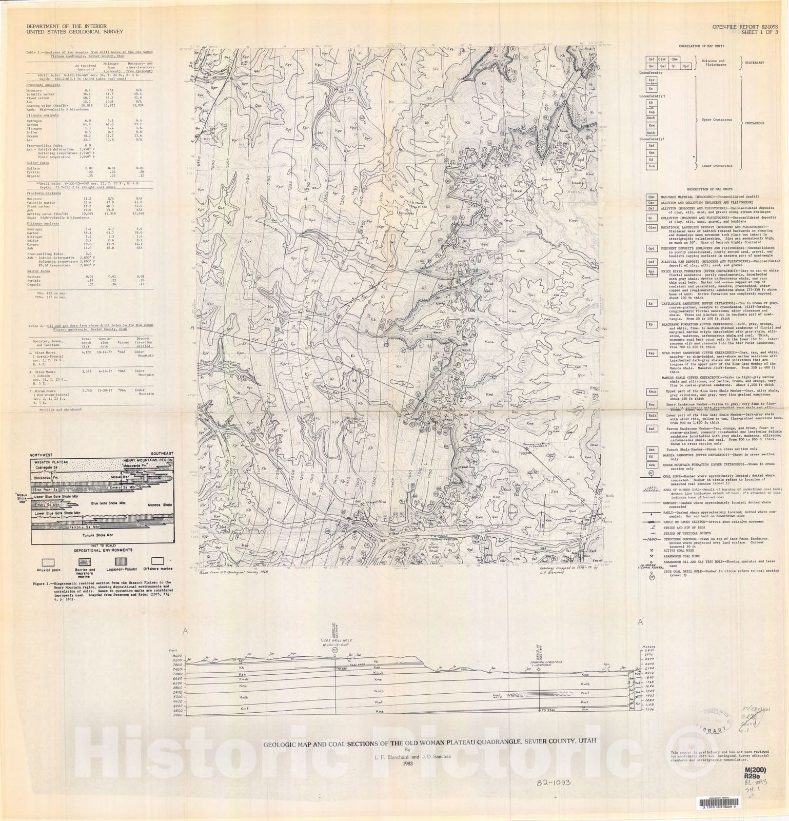 Map : Geological map and coal sections of the Old Woman Plateau quadrangle, Sevier County, Utah, 1982 Cartography Wall Art :