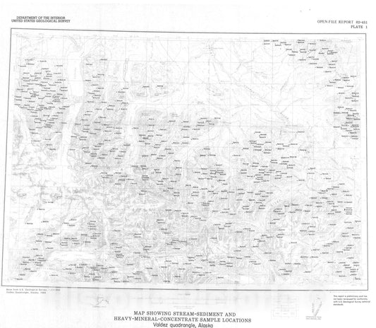 Map : Analyses of rock, stream sediment, and heavy-mineral concentrate samples from the Valdez quadrangle, Alaska, 1982 Cartography Wall Art :