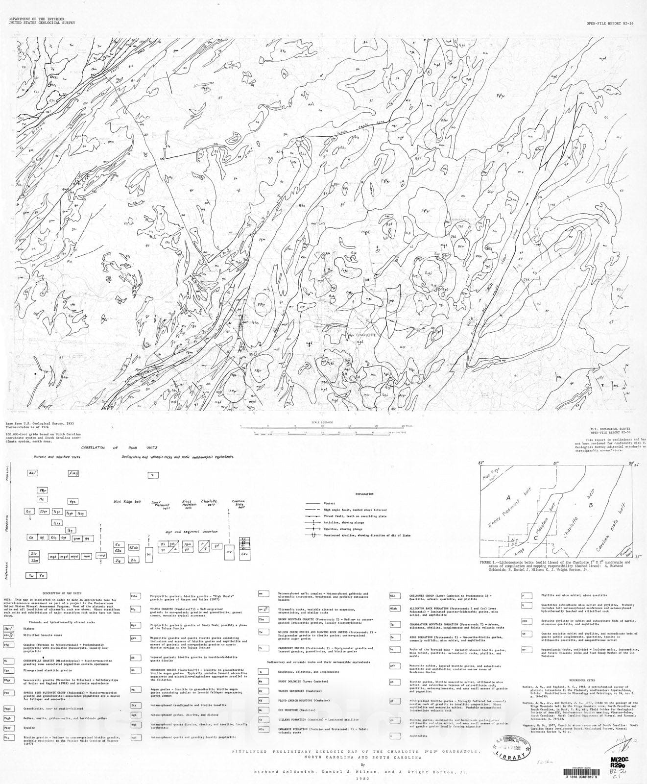 Map : Simplified preliminary geologic map of the Charlotte one degree X two degree quadrangle, North Carolina and South Carolina, one98two Cartography Wall Art :