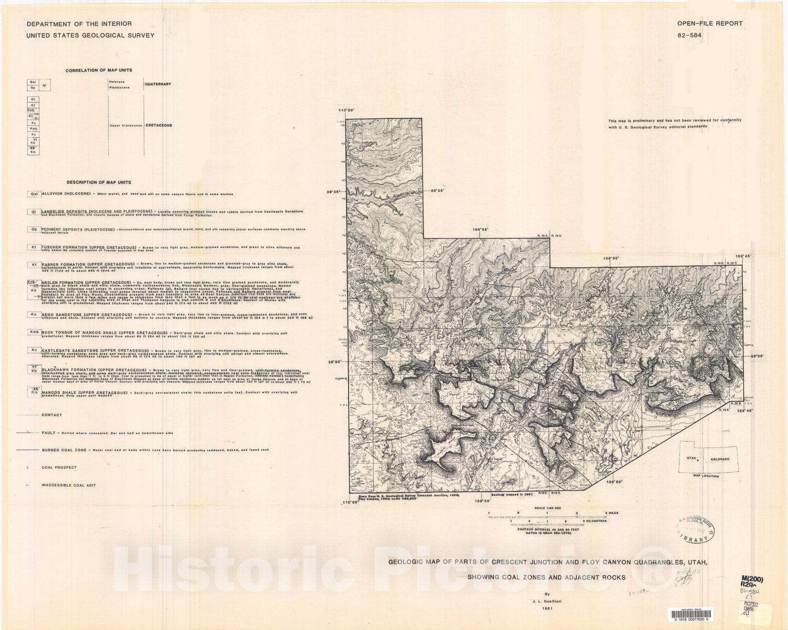 Map : Geologic map of parts of Crescent Junction and Floy Canyon quadrangles, Utah, showing coal zones and adjacent rocks, 1982 Cartography Wall Art :