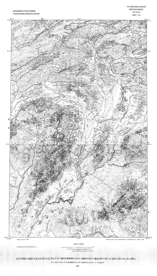 Map : Reconnaissance geologic map of southwestern Misheguk Mountain quadrangle, Alaska, 1982 Cartography Wall Art :