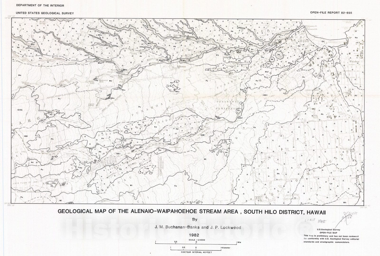 Map : Geologic map of the Alenaio - Waipahoehoe stream area, south Hilo District, Hawaii, 1982 Cartography Wall Art :