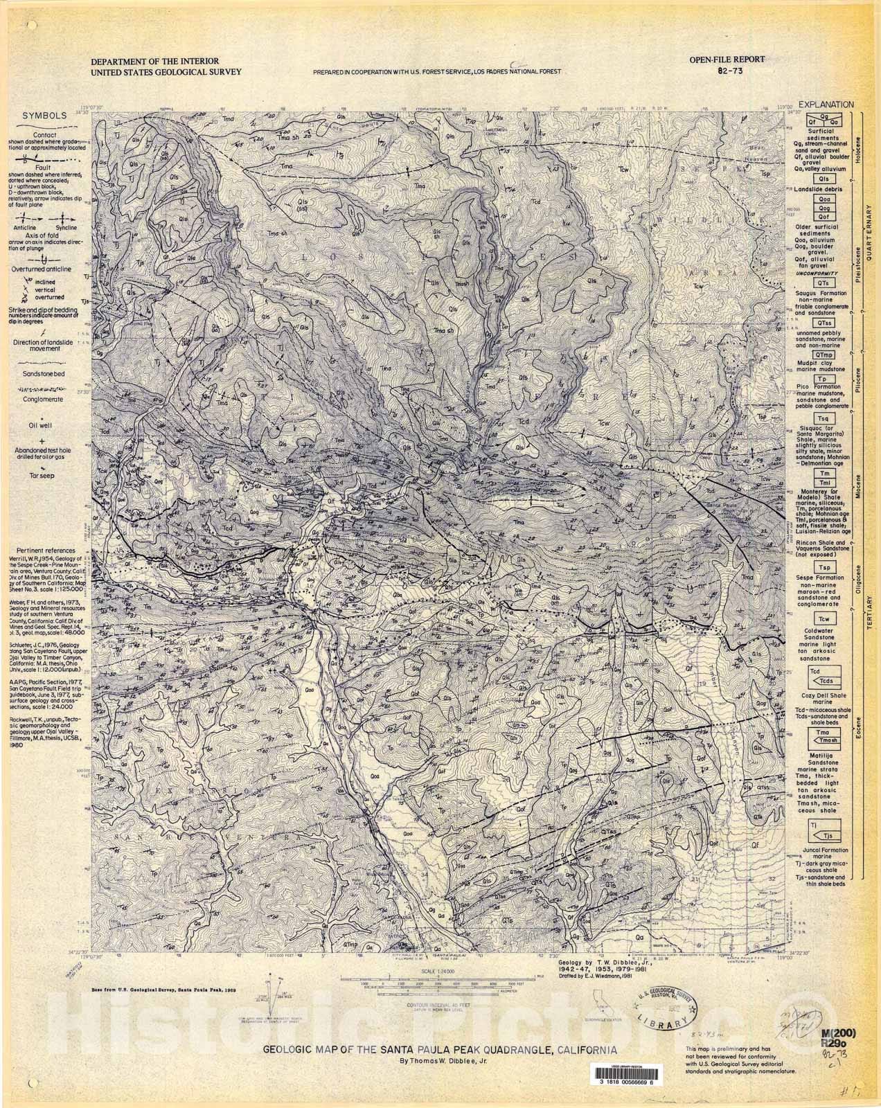 Map : Geologic map of the Santa Paula Peak quadrangle, California, 1982 Cartography Wall Art :