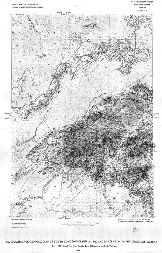 Map : Reconnaissance geologic map of the De Long Mountains A3, B3, and parts of A4, B4 quadrangles, Alaska, 1983 Cartography Wall Art :