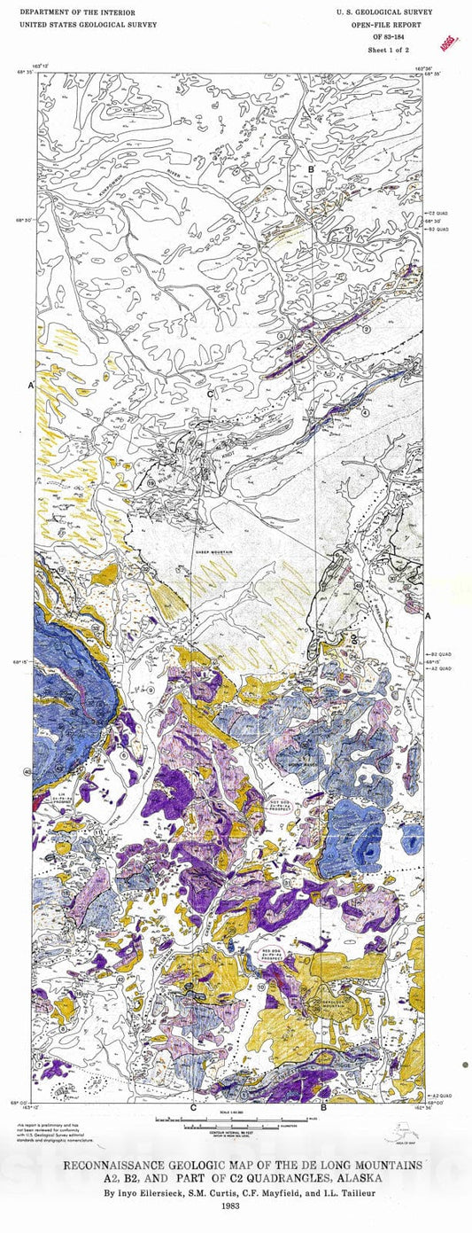 Map : Reconnaissance geologic map of the De Long Mountains A2, B2, and part of C2 quadrangles, Alaska, 1983 Cartography Wall Art :