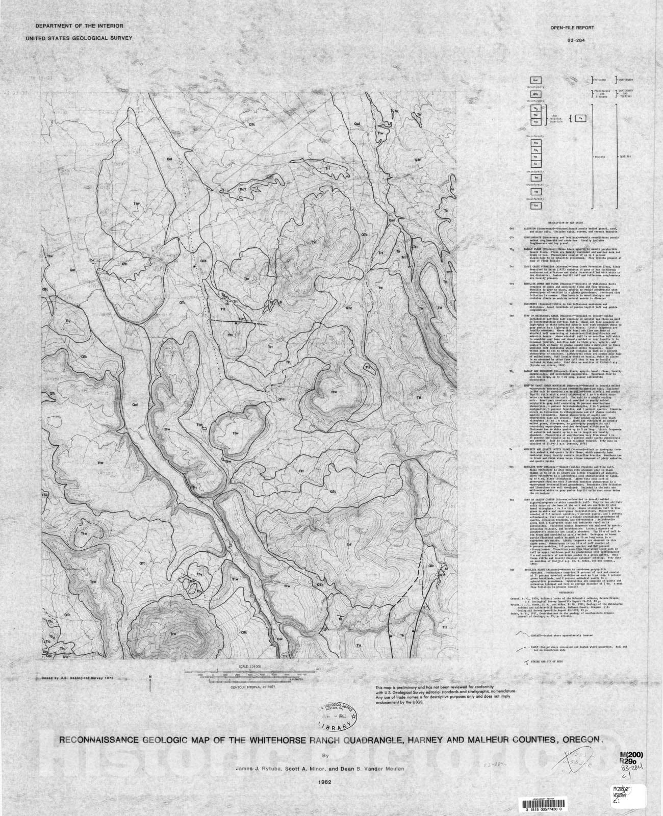 Map : Reconnaissance geologic map of the Whitehorse Ranch quadrangle, Harney and Malheur Counties, Oregon, 1983 Cartography Wall Art :