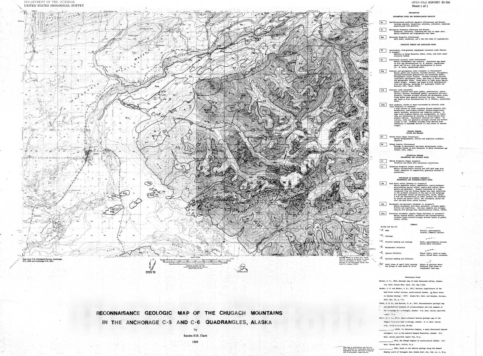 Map : Reconnaissance geologic map of the Chugach Mountains in the Anchorage C-5 and C-6 quadrangles, Alaska, 1983 Cartography Wall Art :