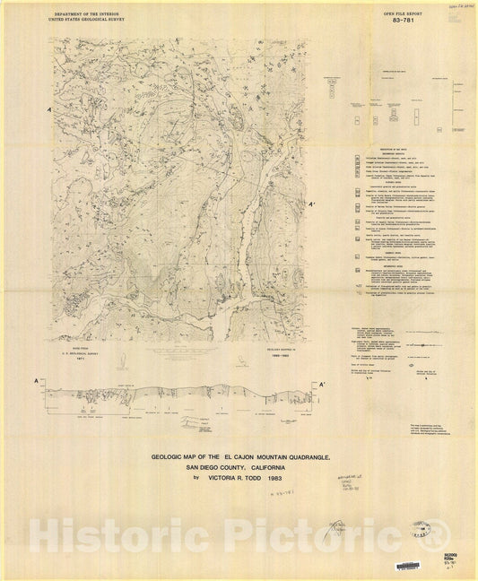 Map : Geologic map of the El Cajon Mountain quadrangle, San Diego County, California, 1983 Cartography Wall Art :
