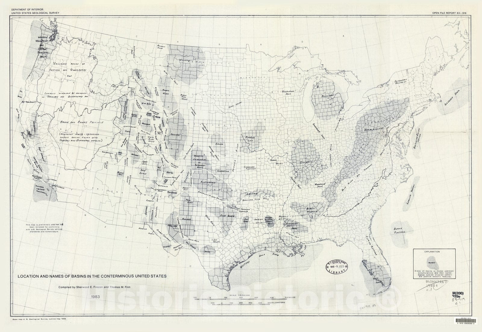 Map : Location and names of basins in the conterminous United States, 1983 Cartography Wall Art :