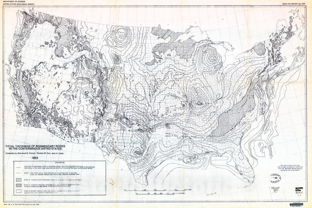 Map : Total thickness of sedimentary rocks in the conterminous United States, 1983 Cartography Wall Art :
