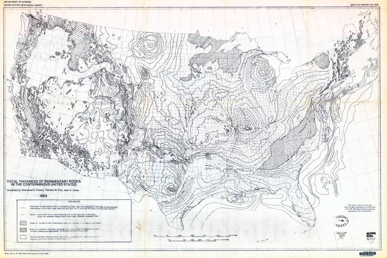 Map : Total thickness of sedimentary rocks in the conterminous United States, 1983 Cartography Wall Art :