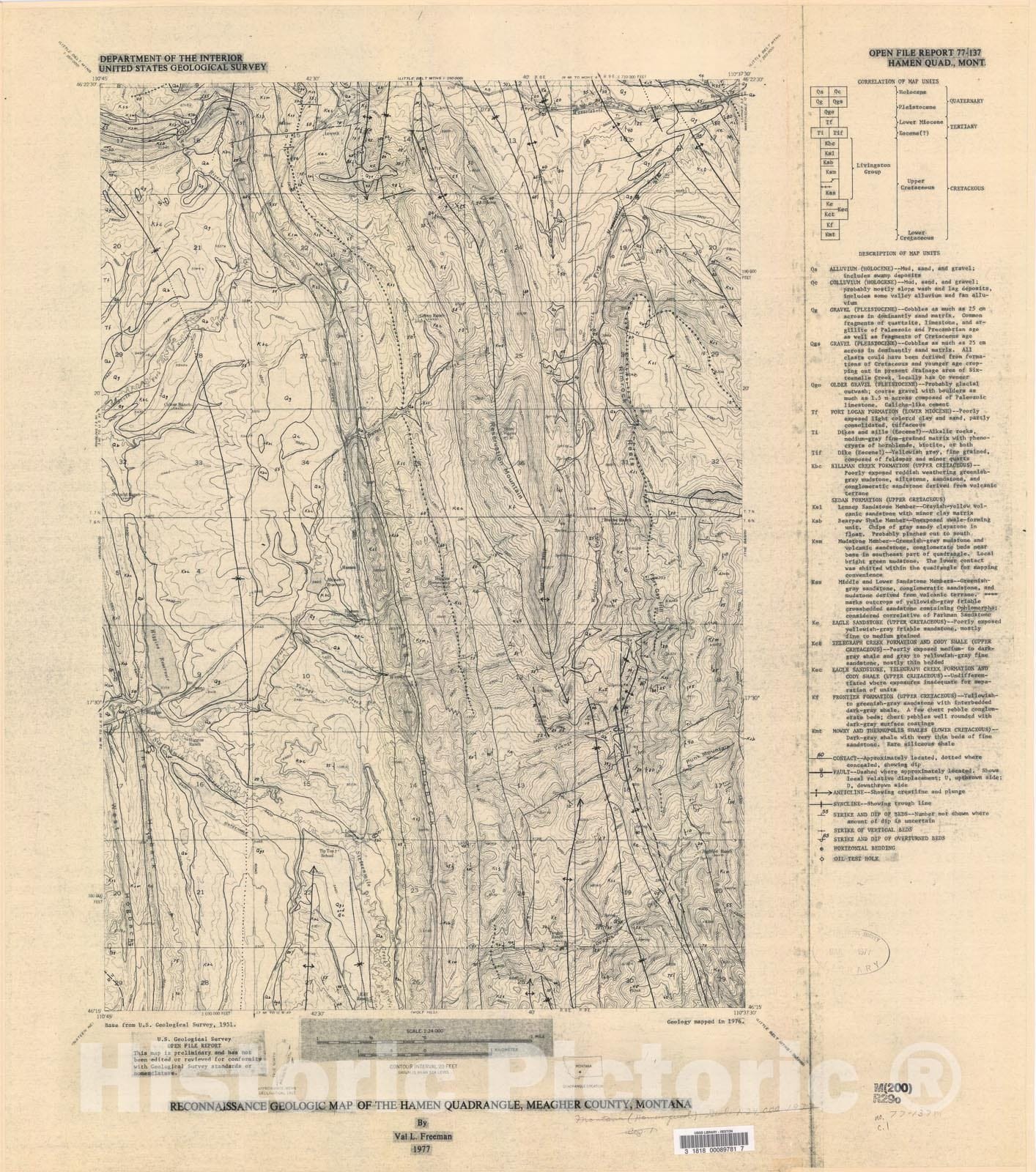 Map : Reconnaissance geologic map of the Hamen quadrangle, Meagher County, Montana, 1977 Cartography Wall Art :