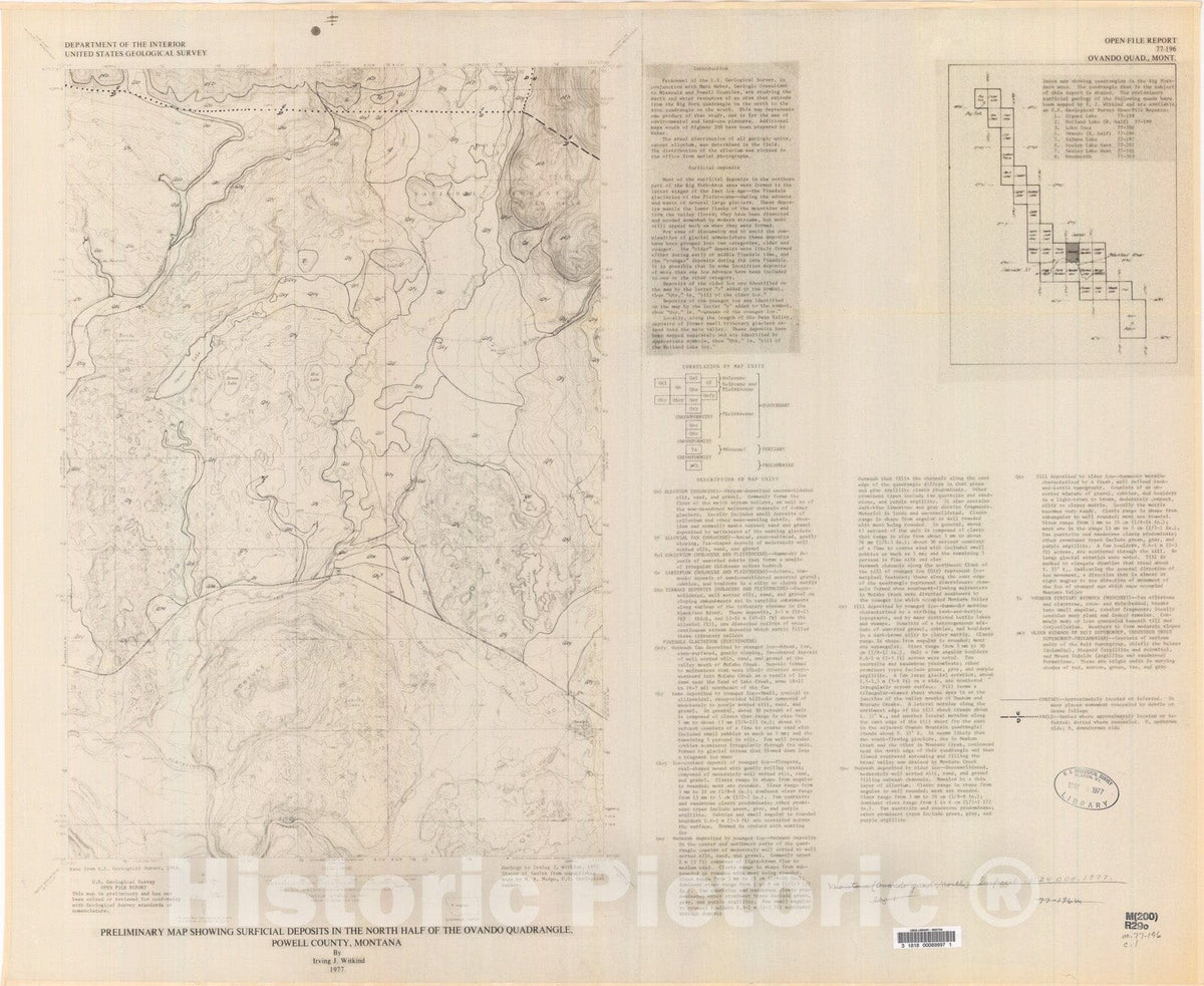 Map : Preliminary map showing surficial deposits in the north half of the Ovando quadrangle, Powell County, Montana, 1977 Cartography Wall Art :