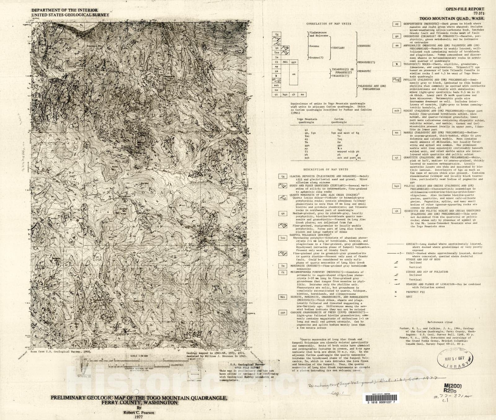 Map : Preliminary geologic map of the Togo Mountain quadrangle, Ferry County, Washington, 1977 Cartography Wall Art :