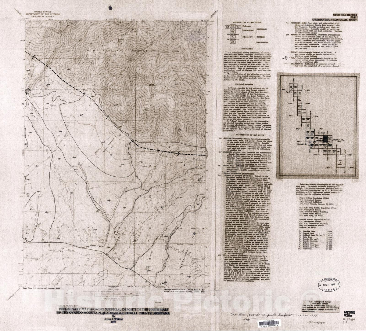 Map : Preliminary map showing surficial deposits in the south half of the Ovando Mountain quadrangle, Powell County, Montana, 1977 Cartography Wall Art :