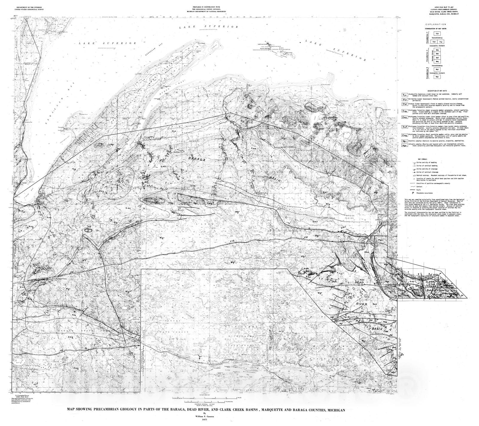 Map : Map showing Precambrian geology in parts of the Baraga, Dead River, and Clark Creek basins, Marquette and Baraga Counties, Michigan, 1977 Cartography Wall Art :